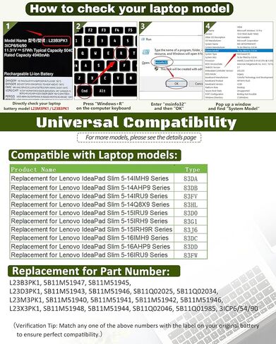 بطارية بديلة 57Wh L23M3PK1 L23B3PK1 لجهاز Lenovo IdeaPad Slim 5-14IMH9 5-14AHP9 5-14IRU9 5-14Q8X9 5-15IRU9 5-15IRH9 5-15IRH9R، 5-16IMH9 5-16AHP9 5-16IRU9 Series L23D3PK1 L23X3PK1 – 11.31 فولت in Kuwait