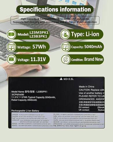بطارية بديلة 57Wh L23M3PK1 L23B3PK1 لجهاز Lenovo IdeaPad Slim 5-14IMH9 5-14AHP9 5-14IRU9 5-14Q8X9 5-15IRU9 5-15IRH9 5-15IRH9R، 5-16IMH9 5-16AHP9 5-16IRU9 Series L23D3PK1 L23X3PK1 – 11.31 فولت in Kuwait