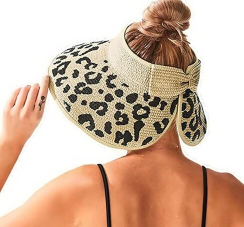 Women Sun Visors Wide Brim Foldable Packable Ponytail Beach Hat Straw Leopard Roll Up Bow Visor Sun Hats in Saudi Arabia
