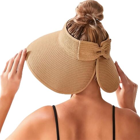 Women Sun Visors Wide Brim Foldable Packable Ponytail Beach Hat Straw Leopard Roll Up Bow Visor Sun Hats in Saudi Arabia
