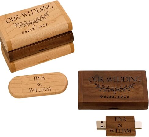 محرك أقراص فلاش USB خشبي مخصص بسعة 64 جيجابايت مع صندوق هدايا 25 حزمة، محرك إبهام الزفاف مع اسم الزوجين، أعواد ذاكرة بيضاوية خشبية مخصصة للمدرسة/الشركة/التصوير الفوتوغرافي in Kuwait