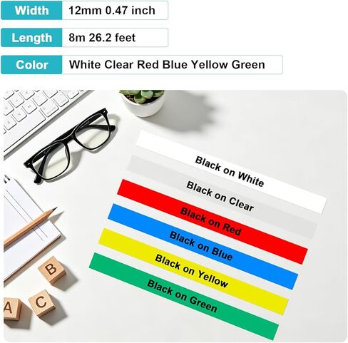 12mm 0.47 Laminated TZe-231 TZe131 TZe431 TZe531 TZe-631 TZe731 Compatible with Brother P Touch PT-D210 PT-H110 PT-D220 PTD400 PTD410 Label Maker (White/Clear/Red/Blue/Yellow/Green) 6-Pack in Saudi Arabia