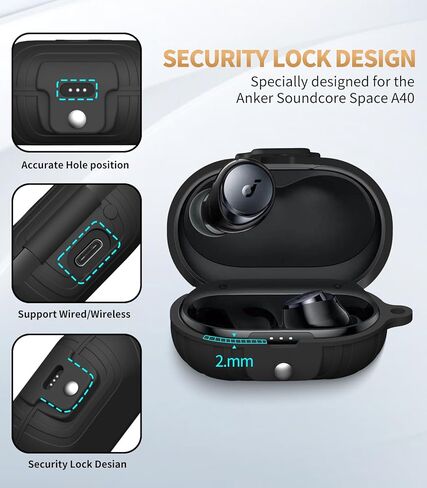 [قفل آمن] غطاء حافظة Alquar لهاتف Anker Soundcore Space A40، غطاء حماية من السيليكون للصدمات من الخدش متوافق فقط مع حافظة شحن سماعات Anker Soundcore Space A40 مع حلقة تسلق (أسود) in Saudi Arabia
