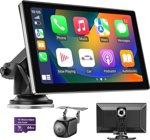 شاشة Apple Carplay لاسلكية مقاس 9 بوصات للسيارة، شاشة تشغيل محمولة للسيارة وAndroid Auto، كاميرا داش 4K، كاميرا احتياطية 1080 بكسل، ملاحة GPS، وصلة مرآة لأجهزة استقبال صوت السيارة، بلوتوث، FM، Siri in Kuwait
