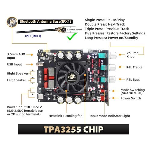 لوحة مضخم صوت بلوتوث T300HS 2.0 قناة، طاقة عالية 300 وات + 300 وات، شريحة TPA3255، مع تحكم مستقل في الجهير والصوت الثلاثي، لمشاريع الصوت المنزلي ومكبرات الصوت التي تصنعها بنفسك in Kuwait