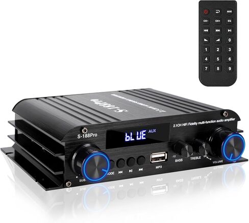 مضخم صوت ستيريو 2.1 قناة، 300 واط × 2 + 360 واط مضخم صوت ستيريو عالي الطاقة مع مدخلات USB/AUX، جهاز التحكم عن بعد، تعديلات ثلاثية/مضخم الصوت، يعمل مع الغواصات ومكبرات الصوت النشطة والسلبية، محول 12 فولت 5 أمبير in Saudi Arabia