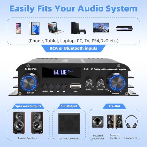 مضخم صوت ستيريو 2.1 قناة، 300 واط × 2 + 360 واط مضخم صوت ستيريو عالي الطاقة مع مدخلات USB/AUX، جهاز التحكم عن بعد، تعديلات ثلاثية/مضخم الصوت، يعمل مع الغواصات ومكبرات الصوت النشطة والسلبية، محول 12 فولت 5 أمبير in Saudi Arabia