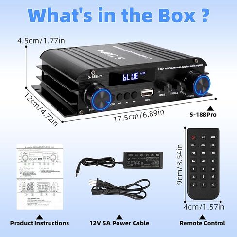 مضخم صوت ستيريو 2.1 قناة، 300 واط × 2 + 360 واط مضخم صوت ستيريو عالي الطاقة مع مدخلات USB/AUX، جهاز التحكم عن بعد، تعديلات ثلاثية/مضخم الصوت، يعمل مع الغواصات ومكبرات الصوت النشطة والسلبية، محول 12 فولت 5 أمبير in Saudi Arabia