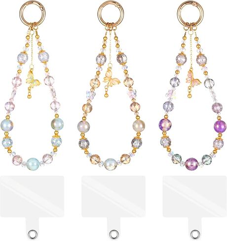 3 Pcs Cellphone Lanyard Keychain Wristlet, Phone Charm with Crystal, Beaded Phone Wrist Strap, Camera Strap Wrist, Phones Lanyard with 3 Pcs Pads, Cute Accessories for Bag, Camera, Keychain (3 Color) in Saudi Arabia