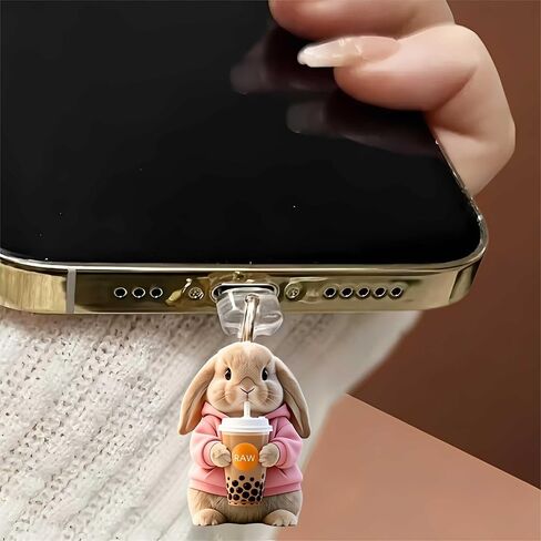 Bunny with Tea Dust Plug Acrylic Charms for electronic products,Type-C Charging Port Dust Plugs Pendant Compatible with E-Reader Phone Tablet, Gift for Christmas, Birthday, Anniversary Day in Saudi Arabia