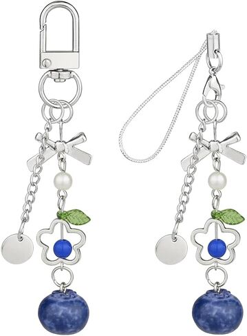 RUIYDZ 2pcs Blueberry Phone Chain Blue Fruit Keychain Accessories, 3D Realistic Blueberries Key Chains Women Cute Phone Charms Kawaii Bow Flower Blueberry Beaded Bag Charm Purse Charms for Handbags in Saudi Arabia