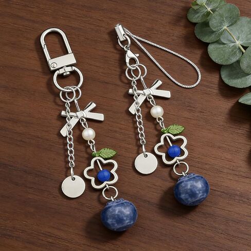 RUIYDZ 2pcs Blueberry Phone Chain Blue Fruit Keychain Accessories, 3D Realistic Blueberries Key Chains Women Cute Phone Charms Kawaii Bow Flower Blueberry Beaded Bag Charm Purse Charms for Handbags in Saudi Arabia