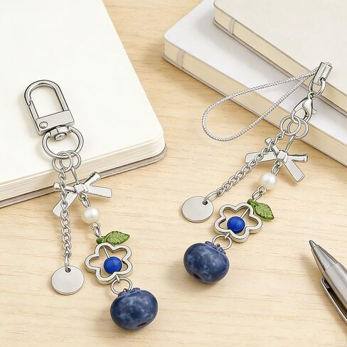 RUIYDZ 2pcs Blueberry Phone Chain Blue Fruit Keychain Accessories, 3D Realistic Blueberries Key Chains Women Cute Phone Charms Kawaii Bow Flower Blueberry Beaded Bag Charm Purse Charms for Handbags in Saudi Arabia