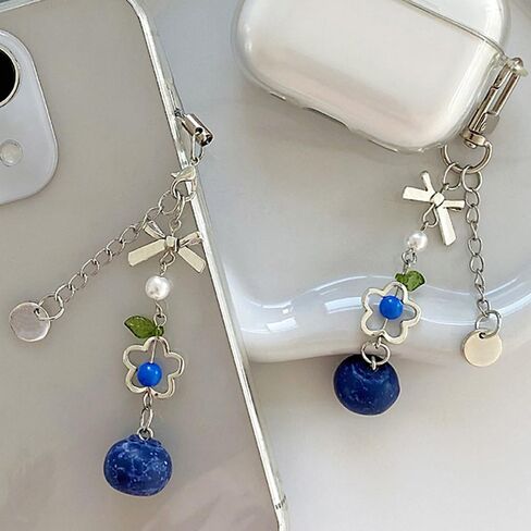 RUIYDZ 2pcs Blueberry Phone Chain Blue Fruit Keychain Accessories, 3D Realistic Blueberries Key Chains Women Cute Phone Charms Kawaii Bow Flower Blueberry Beaded Bag Charm Purse Charms for Handbags in Saudi Arabia