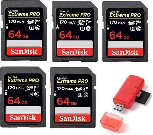 Sandisk 64GB SecureDigital Extreme PRO SDXC UHS-I Card C10,U3,V30 170MB/s - Pack of 5 - with Memory Card Reader in Saudi Arabia