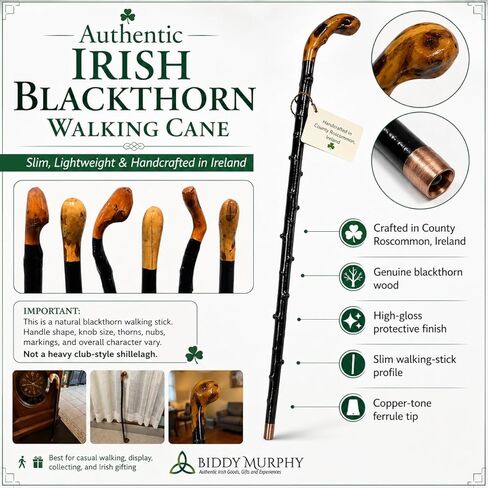 Imported Shillelagh Wooden Irish Walking Stick, Handcrafted 100% Blackthorn Wood Cane, Handles All Unique, Black High Gloss Lacquered, Made in Ireland 36" in Saudi Arabia