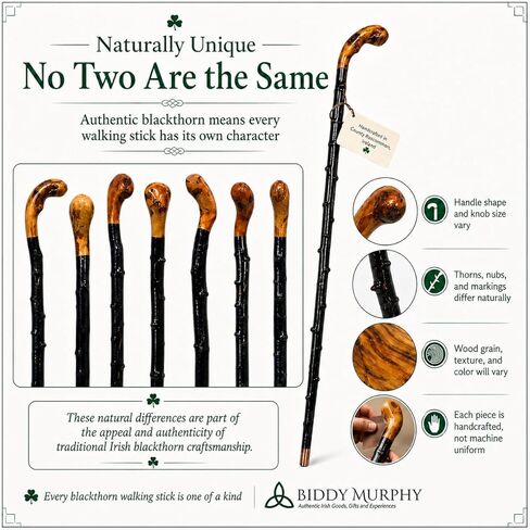Imported Shillelagh Wooden Irish Walking Stick, Handcrafted 100% Blackthorn Wood Cane, Handles All Unique, Black High Gloss Lacquered, Made in Ireland 36" in Saudi Arabia