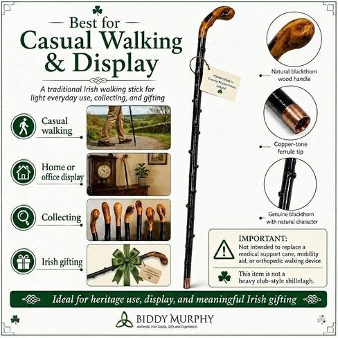 Imported Shillelagh Wooden Irish Walking Stick, Handcrafted 100% Blackthorn Wood Cane, Handles All Unique, Black High Gloss Lacquered, Made in Ireland 36" in Saudi Arabia