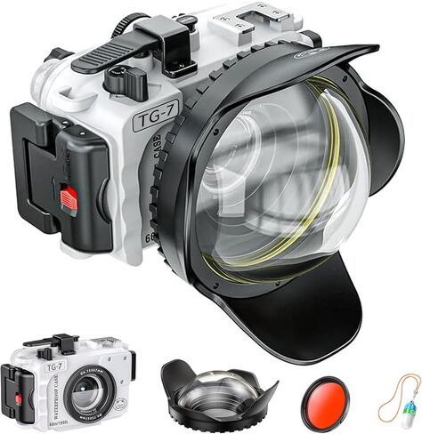 غلاف كاميرا تحت الماء بطول 60 مترًا/195 قدمًا من Searogs لهاتف Olympus TG-7 - حافظة مقاومة للماء بخيط 52 مم و67 مم، منافذ ألياف بصرية مزدوجة، كشف التسرب، لوحة تثبيت من الفولاذ المقاوم للصدأ، عدسة عين السمكة 67 مم in Kuwait
