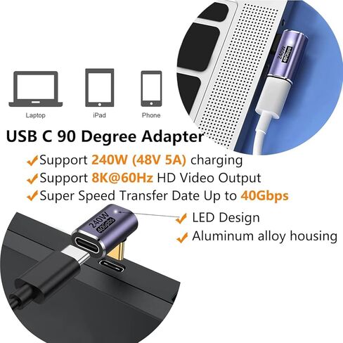 محول USB C 90 درجة، محول الزاوية اليمنى USB C مع شحن فيديو 40 جيجابت في الثانية PD 240 وات 8K@60 هرتز، متوافق مع سطح البخار والمحول والواقع الافتراضي والمزيد من الأجهزة من النوع C (5 قطع) in Kuwait