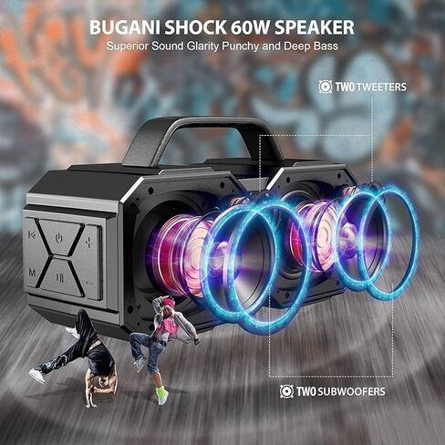 مكبر صوت بلوتوث BUGANI Shock، بلوتوث 5.3 محمول، مقاوم للماء، قوة فائقة 60 وات، مكبر صوت خارجي، أسود (موديل جديد) in Kuwait