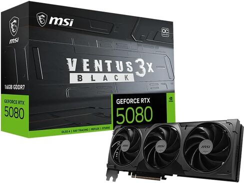 بطاقة رسومات msi Gaming RTX 5080 16G Ventus 3X OC باللون الأسود (16 جيجابايت GDDR7، 256 بت، ساعة Extreme Clock 2640 ميجاهرتز، DisplayPort x 3 2.1a، HDMI 2.1b، NVIDIA Blackwell Architecture) in Saudi Arabia