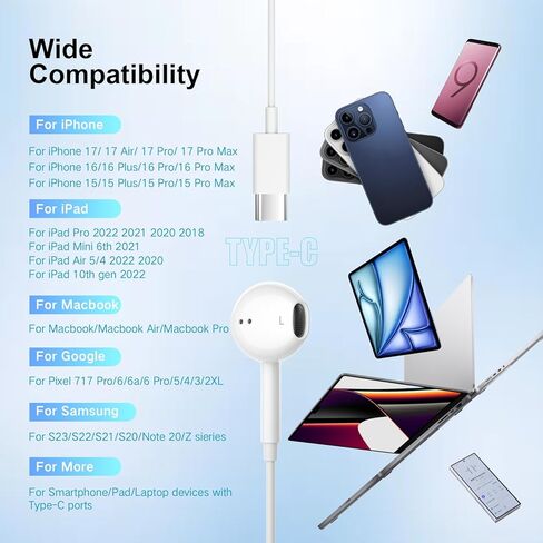 USB C Headphones for iPhone 17/16/15 Pro Max Plus, Type C Earbuds for iPad Pro Air Mini, Earphones for MacBook Series, for Google Pixel, Samsung in Saudi Arabia