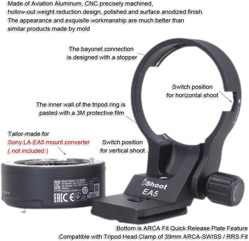 iShoot Metal Tripod Mount Ring Lens Collar Compatible with Sony LA-EA5 Mount Converter Adapter Ring, Lens Support Holder Bracket Bottom is Arca-Swiss Fit Quick Release Plate Feature in Saudi Arabia