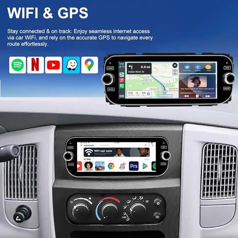 Car Radio for Dodge Ram 2002-2005, Jeep Wrangler 2003-2006, Grand Cherokee 1999-2004, Liberty 2002-2007, Dakota 2001-2004, 6.86inch Touchscreen Stereo Carplay Android Auto Camera Bluetooth GPS WiFi FM in Saudi Arabia