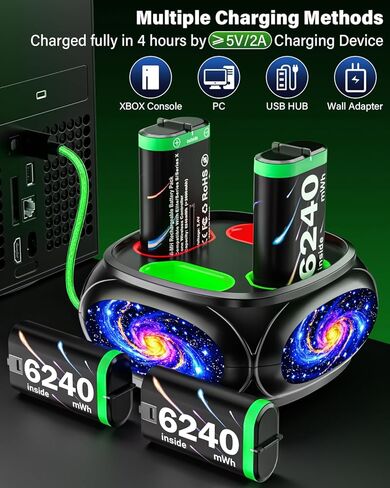 حزمة بطارية وحدة تحكم Xbox قابلة لإعادة الشحن بقدرة 4 × 6240 ميجاوات في الساعة لأجهزة Xbox One وXbox Series S|X وXbox One S|X/Elite - حزمة بطاريات Xbox قابلة لإعادة الشحن مع قاعدة شحن in Kuwait