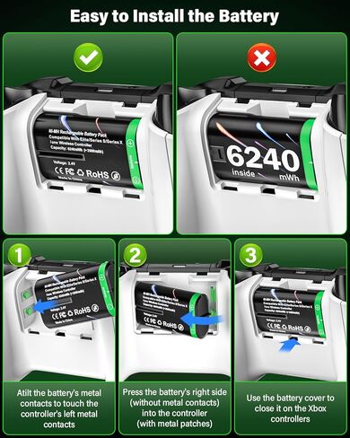 حزمة بطارية وحدة تحكم Xbox قابلة لإعادة الشحن بقدرة 4 × 6240 ميجاوات في الساعة لأجهزة Xbox One وXbox Series S|X وXbox One S|X/Elite - حزمة بطاريات Xbox قابلة لإعادة الشحن مع قاعدة شحن in Kuwait