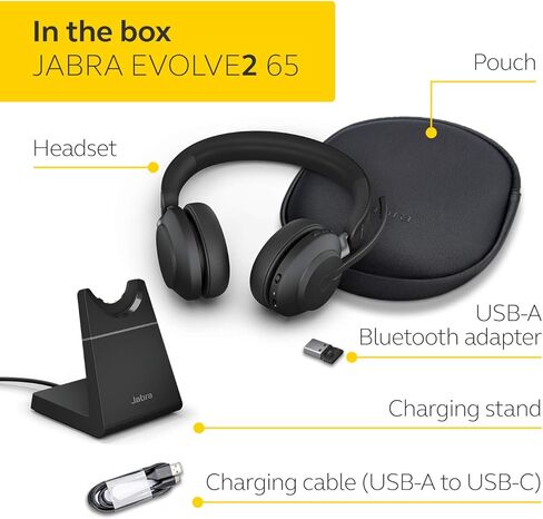 جابرا Evolve2 65 سماعة بلوتوث لاسلكية مع ميكروفون للمكالمات والموسيقى، سماعات أذن مزدوجة مع محول USB-A وحامل شحن، بطارية تصل إلى 37 ساعة، تعمل مع تطبيقات الاجتماعات عبر الإنترنت، أسود in Saudi Arabia