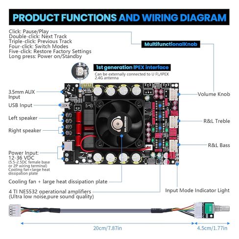 T220HS-W 2.0 Channel Bluetooth Amplifier Board 220W×2 Audio Amp Module with Treble Bass Control, Bluetooth AUX USB Input for Passive Speakers in Saudi Arabia