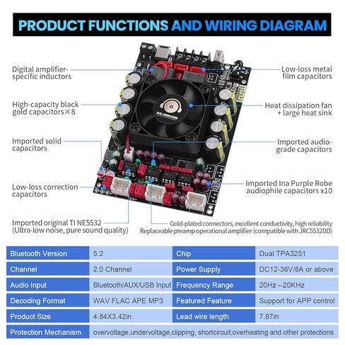 T220HS-W 2.0 Channel Bluetooth Amplifier Board 220W×2 Audio Amp Module with Treble Bass Control, Bluetooth AUX USB Input for Passive Speakers in Saudi Arabia