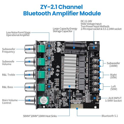 لوحة مضخم صوت بلوتوث، ZY-2.1 2.1CH 50 واط × 2 + 100 واط مضخم صوت مع تحكم ثلاثي وباس، بلوتوث 5.1 ومدخل AUX، مضخم صوت رقمي ستيريو لمكبرات الصوت المنزلية ذاتية الصنع in Kuwait