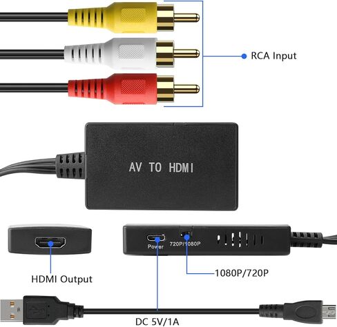 Male RCA to HDMI Converter - 1080P Composite AV to HDMI Adapter Supports PAL/NTSC for VCR/VHS/Xbox/PS1/STB/Roku/Blue-Ray DVD Players in Saudi Arabia
