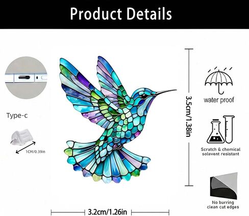 Stained Glass Hummingbird Dust Plug Acrylic Charms for electronic products,Type-C Charging Port Dust Plugs Pendant Compatible with E-Reader Phone Tablet, Gift for Christmas, Birthday, Anniversary Day in Saudi Arabia