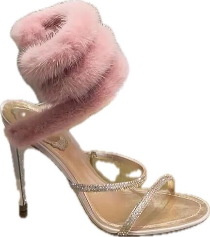 Furinfashion My-30 Furry ذات الكعب العالي مع فرو المنك الحقيقي والربط الروماني على شكل ثعبان للنساء الأحذية الجديدة الرقيقة العالية الرقيقة الغامضة (12 ، بني فاتح) in Kuwait