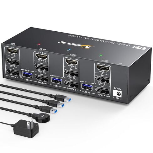 2 منفذ عرض + HDMI USB 3.0 KVM Switch 3 شاشات 3 أجهزة كمبيوتر، 8K@60 هرتز، 4K@144 هرتز شاشة ثلاثية KVM مع 4 منافذ USB 3.0، محول ماوس لوحة مفاتيح KVM ثلاثي الشاشة، كابلات متضمنة، أسود in Kuwait