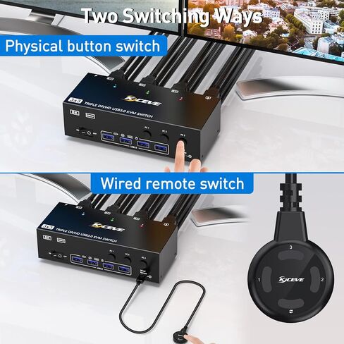 2 منفذ عرض + HDMI USB 3.0 KVM Switch 3 شاشات 3 أجهزة كمبيوتر، 8K@60 هرتز، 4K@144 هرتز شاشة ثلاثية KVM مع 4 منافذ USB 3.0، محول ماوس لوحة مفاتيح KVM ثلاثي الشاشة، كابلات متضمنة، أسود in Kuwait