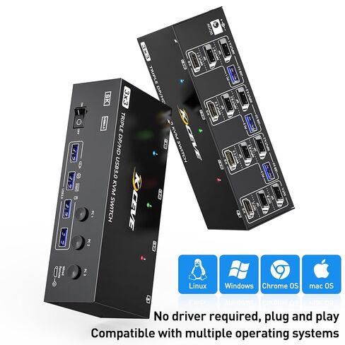 2 منفذ عرض + HDMI USB 3.0 KVM Switch 3 شاشات 3 أجهزة كمبيوتر، 8K@60 هرتز، 4K@144 هرتز شاشة ثلاثية KVM مع 4 منافذ USB 3.0، محول ماوس لوحة مفاتيح KVM ثلاثي الشاشة، كابلات متضمنة، أسود in Kuwait