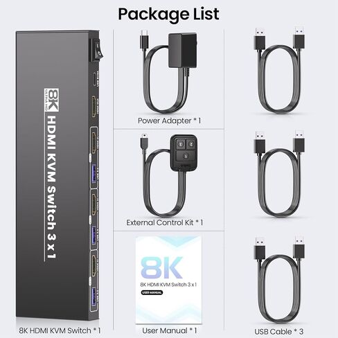 8K60Hz 4K120Hz HDMI KVM Switch 1 Monitor 3 Computers, USB3.0 3 Port KVM Switch with 4 Port USB 3.0 Hub for 3 PCs Share 1 Set of Keyboard, Mouse and 1 Monitor in Saudi Arabia