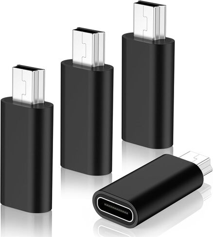 USB C to Mini USB Adapter, 4 Pack USB Type Female to Mini USB 2.0 Male Converter Connector Supports Charge & Data Sync Compatible with GPS Receiver, Digital Camera, Dash Cam, MP3 Players etc, Black in Saudi Arabia
