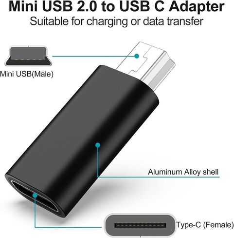 USB C to Mini USB Adapter, 4 Pack USB Type Female to Mini USB 2.0 Male Converter Connector Supports Charge & Data Sync Compatible with GPS Receiver, Digital Camera, Dash Cam, MP3 Players etc, Black in Saudi Arabia