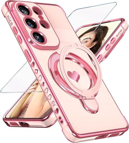 for Samsung Galaxy S25 Ultra Cute Love Heart Kickstand Woman Girls Phone Case with Screen Protector: Luxury Plated Gold Edge Slim Soft TPU Full Camera Protection Cover for S25 Ultra (Pink) in Saudi Arabia