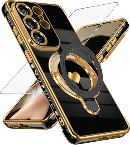 for Samsung Galaxy S25 Ultra Cute Love Heart Kickstand Woman Girls Phone Case with Screen Protector: Luxury Plated Gold Edge Slim Soft TPU Full Camera Protection Cover for S25 Ultra (Pink) in Saudi Arabia