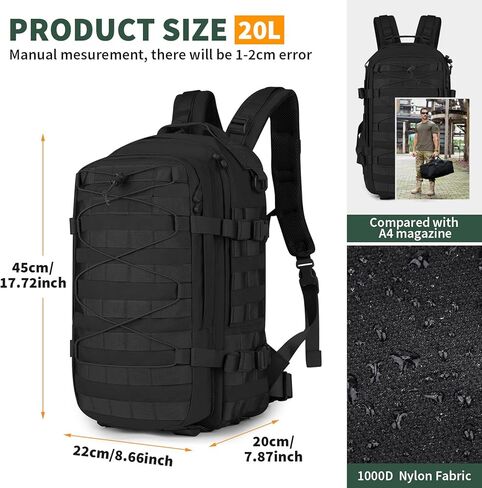 G-raphy Tactical Backpack 20L, Small Military Rucksack Daypack Molle Army Work Bag Motorcycle Backpacks for Men Women Camping Cycling Travelling Hiking Sports Outdoors (Black-2) in Saudi Arabia