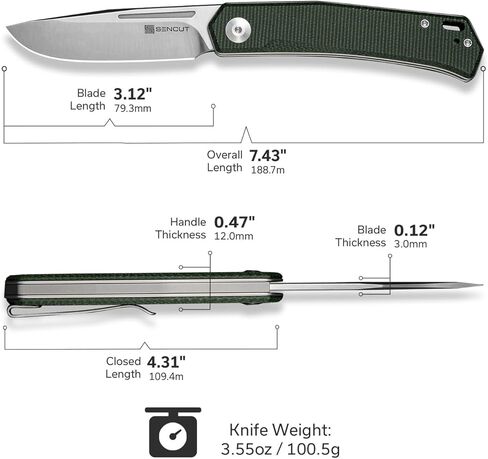 SENCUT Braxx Slip Joint Pocket Knife, Folding Knife with Canvas Micarta Handle, 3.12'' Blade EDC Knives for Outdoor Camping Gifts S25089-2(Green) in Kuwait