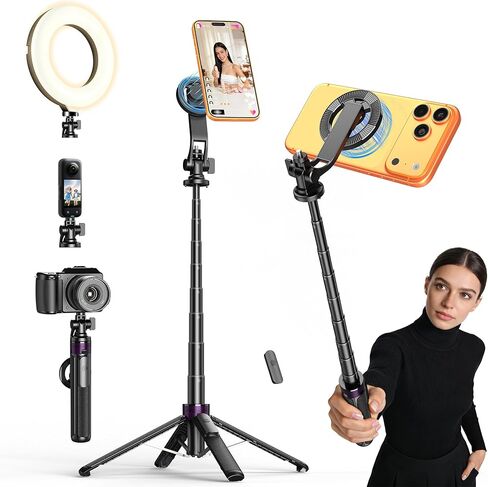 Magnetic Tripod for iPhone with 1/4" Screw, 53" MagSafe Selfie Stick Tripod with Remote & Metal Ring, 4-Leg Stable Phone & Camera Tripod for Video Recording, Gym, Vlogging, TikTok, Travel, Black in Saudi Arabia