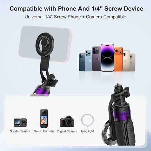 Magnetic Tripod for iPhone with 1/4" Screw, 53" MagSafe Selfie Stick Tripod with Remote & Metal Ring, 4-Leg Stable Phone & Camera Tripod for Video Recording, Gym, Vlogging, TikTok, Travel, Black in Saudi Arabia